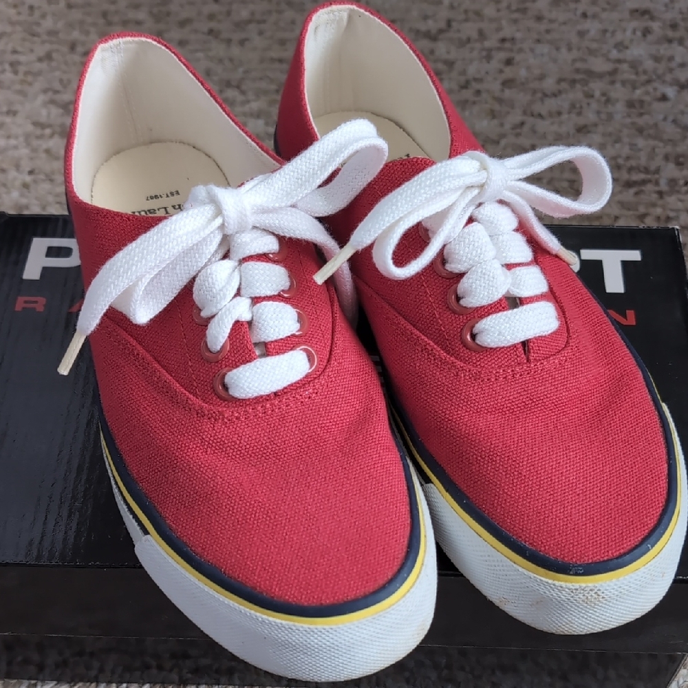 Ralph Lauren Polo Sport Red Canvas Sneakers with White Laces Vintage 200…